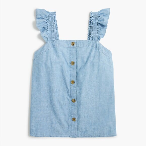 J.Crew Factory Chambray Button-front tank top with ruffle straps - Picture 1 of 5